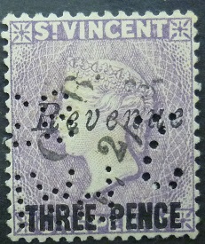 St Vincent SG063 3d on 1d mauve 1891 Revenue
