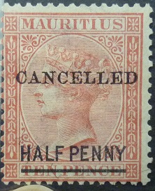 Mauritius SG079 ½d on 10d rose 1877