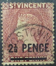 St Vincent SG040 2½d on 1d red 1882