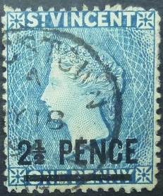St Vincent SG055a 2½d on 1d blue 1882