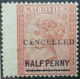 Mauritius SG079 ½ cent on 10 cents rose 1877