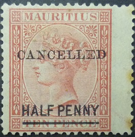 Mauritius SG079 ½ cent on 10 cents rose 1877