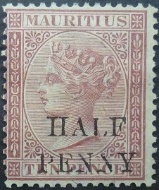 Mauritius SG077 ½d on 10d claret 1876