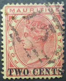 Mauritius SG117 2 cents on 4 cents red 1891